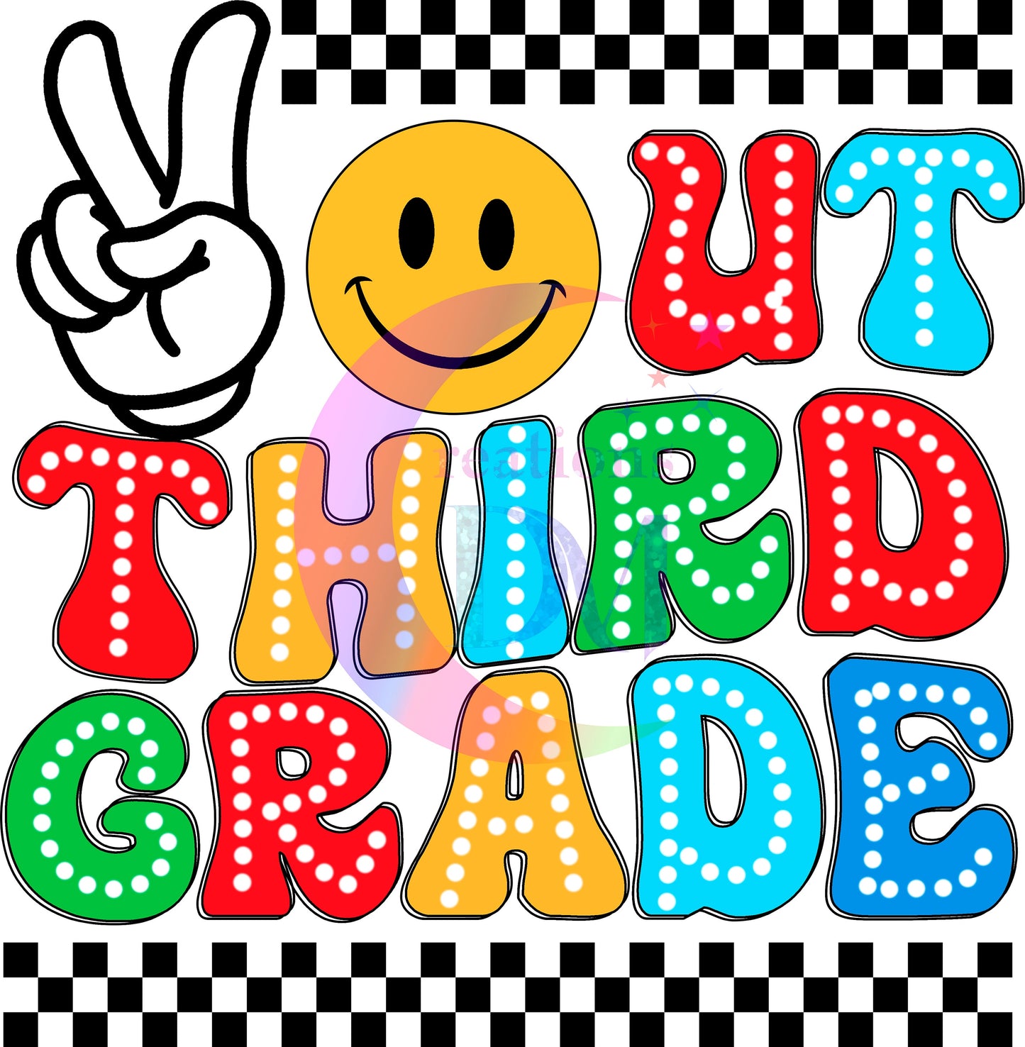 Graduate DTF - peace out third grade smiley face and checkers
