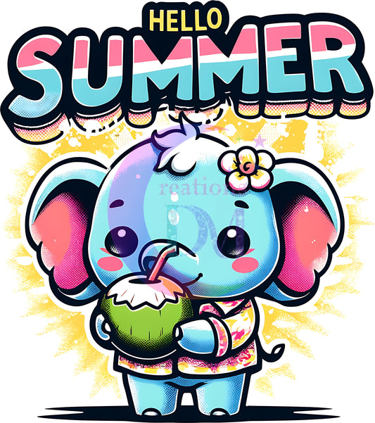 hello summer DTF - hello summer vibrant - colorful baby elephant