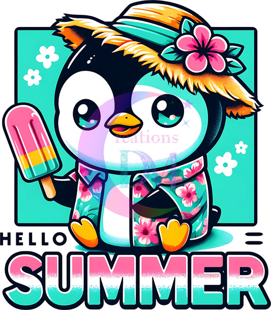 hello summer DTF - hello summer vibrant - colorful baby penguin