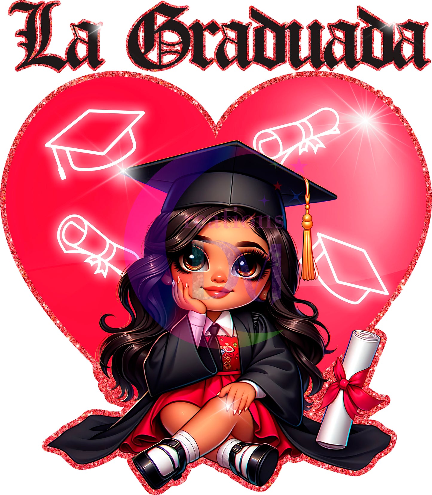 Graduation DTF - chicana/La graduada/ red heart background