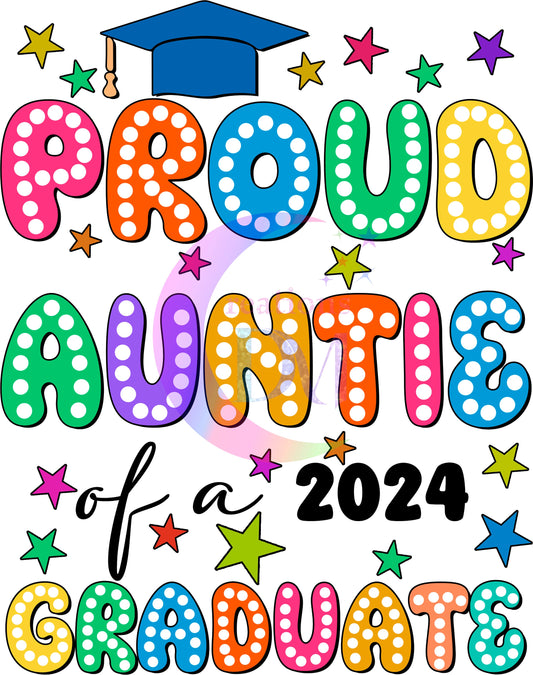 Graduate DTF - proud auntie of a 2024 graduate colorful blue cap