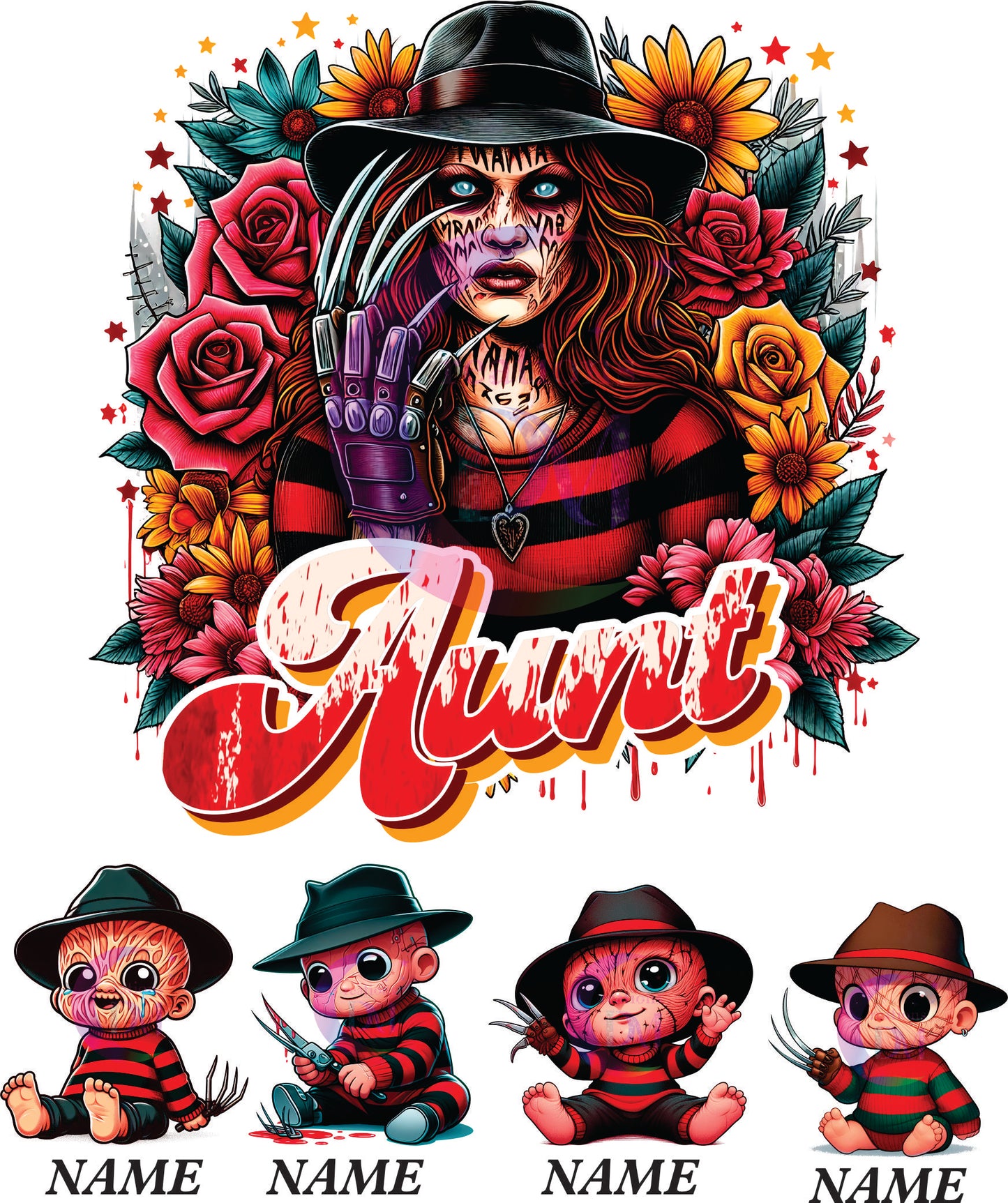 Mother's Day DTF personalization - Freddy Krueger  "GRANDMA" flowers personalize add baby name